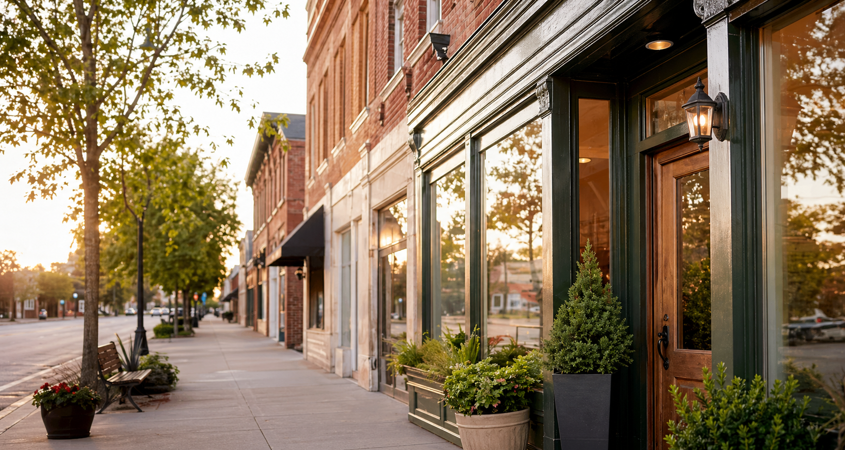 Warm small town storefront at sunset
